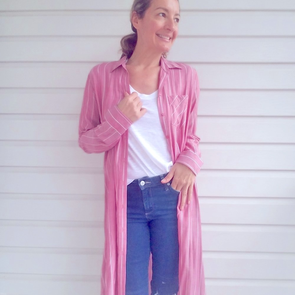 Express Pinstriped Long Rose Dress Shirt.